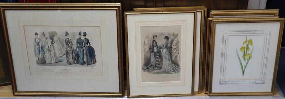 Six assorted 19th century French fashion plates, largest 31 x 45cm and a set of four modern botanical prints, 28 x 21cm